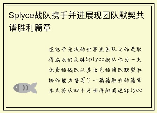Splyce战队携手并进展现团队默契共谱胜利篇章