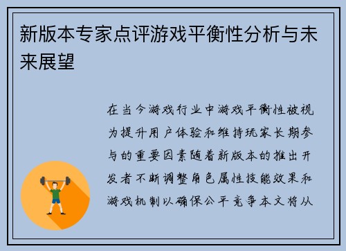 新版本专家点评游戏平衡性分析与未来展望