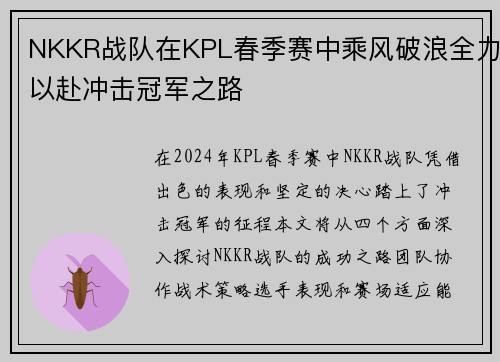 NKKR战队在KPL春季赛中乘风破浪全力以赴冲击冠军之路