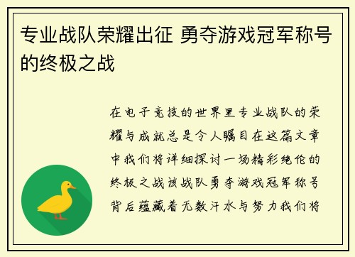 专业战队荣耀出征 勇夺游戏冠军称号的终极之战