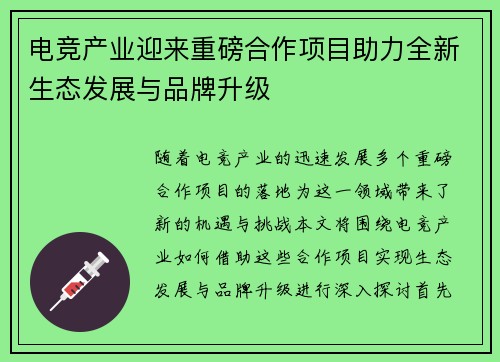 电竞产业迎来重磅合作项目助力全新生态发展与品牌升级