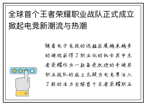 全球首个王者荣耀职业战队正式成立掀起电竞新潮流与热潮