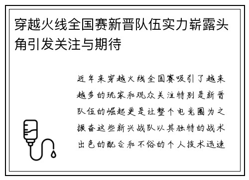 穿越火线全国赛新晋队伍实力崭露头角引发关注与期待