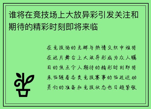 谁将在竞技场上大放异彩引发关注和期待的精彩时刻即将来临