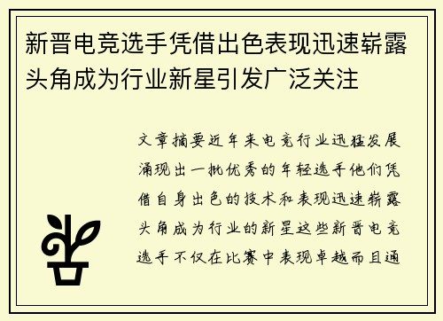 新晋电竞选手凭借出色表现迅速崭露头角成为行业新星引发广泛关注