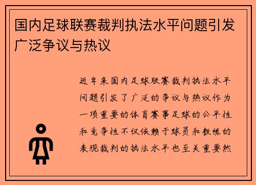 国内足球联赛裁判执法水平问题引发广泛争议与热议