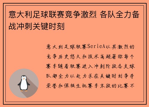 意大利足球联赛竞争激烈 各队全力备战冲刺关键时刻
