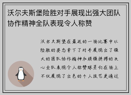 沃尔夫斯堡险胜对手展现出强大团队协作精神全队表现令人称赞