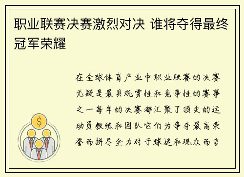 职业联赛决赛激烈对决 谁将夺得最终冠军荣耀