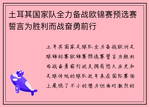 土耳其国家队全力备战欧锦赛预选赛誓言为胜利而战奋勇前行