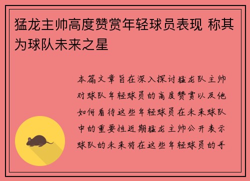猛龙主帅高度赞赏年轻球员表现 称其为球队未来之星