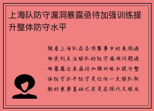 上海队防守漏洞暴露亟待加强训练提升整体防守水平