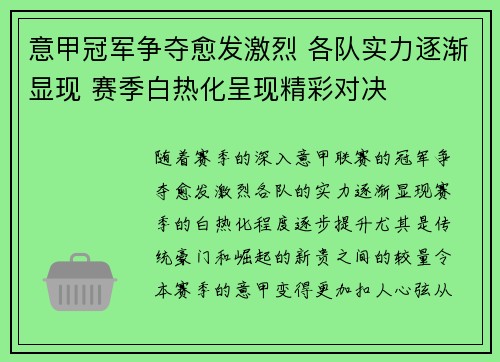 意甲冠军争夺愈发激烈 各队实力逐渐显现 赛季白热化呈现精彩对决