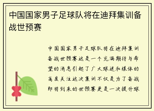 中国国家男子足球队将在迪拜集训备战世预赛