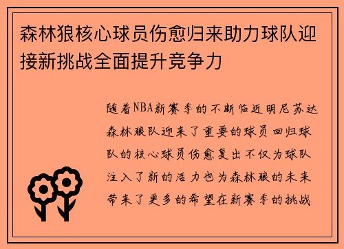 森林狼核心球员伤愈归来助力球队迎接新挑战全面提升竞争力