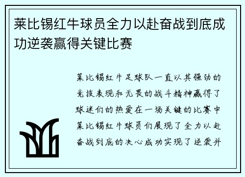 莱比锡红牛球员全力以赴奋战到底成功逆袭赢得关键比赛
