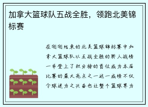 加拿大篮球队五战全胜，领跑北美锦标赛