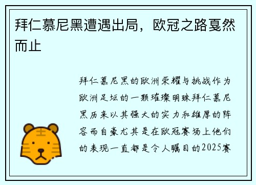 拜仁慕尼黑遭遇出局，欧冠之路戛然而止