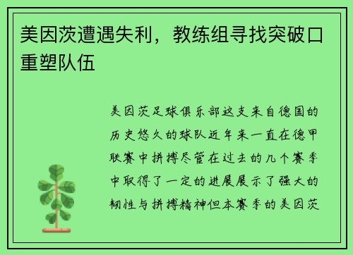 美因茨遭遇失利，教练组寻找突破口重塑队伍