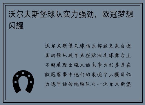 沃尔夫斯堡球队实力强劲，欧冠梦想闪耀