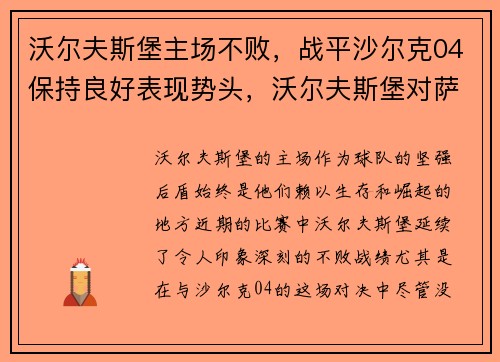 沃尔夫斯堡主场不败，战平沙尔克04保持良好表现势头，沃尔夫斯堡对萨尔茨堡
