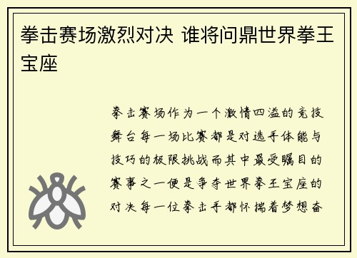 拳击赛场激烈对决 谁将问鼎世界拳王宝座