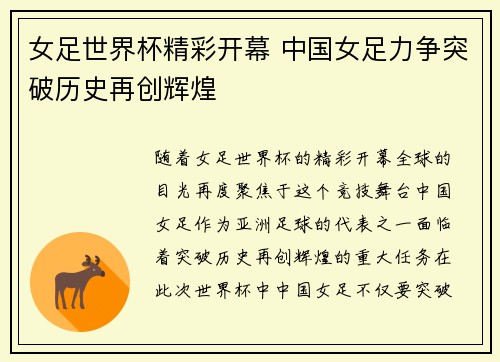 女足世界杯精彩开幕 中国女足力争突破历史再创辉煌